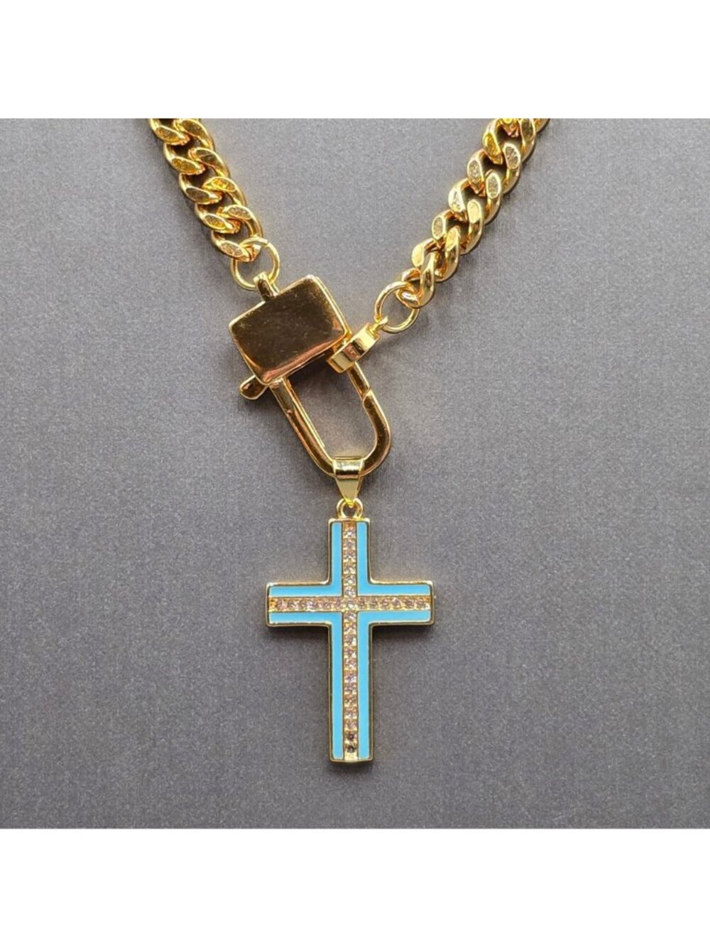 Melania Clara Wendy Necklace Blue Enamel Cross Pendant Gold Plated Curb Chain 16 - Picture 5 of 16